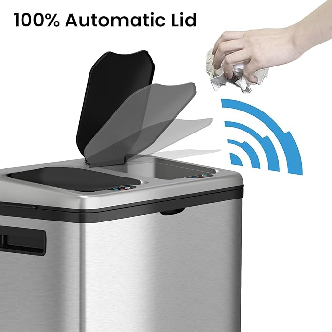 iTouchless 16 Gallon Touchless Sensor Kitchen Trash Can and Recycle Bin with Wheels 61 Liter Stainless Steel Dual-Compartment (2 x 8 Gallon) Combo Recycling and Garbage Trashcan