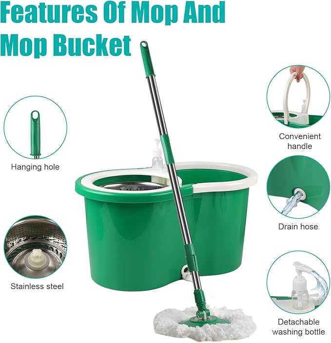 Spin Mop and Bucket with Wringer Set 360° Spinning Mop Bucket System with 3 Microfiber Mop Replacement Heads and 61 Stainless Steel Adjustable Handle for Floor Cleaning (20QT)