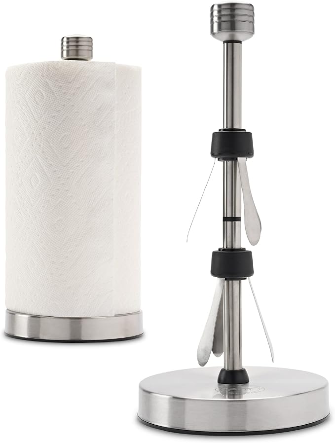 Heavy-Duty Stainless Steel Paper Towel Holder - Easy One-Handed Tear with Suction Cups - Modern Weighted Standing Countertop Dispenser for Kitchen - Holds All Paper Towel Rolls Silver