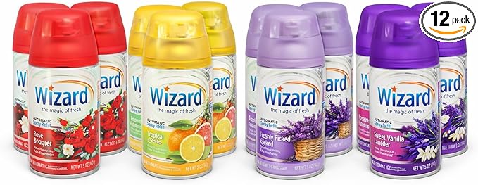 Wizard Automatic Spray Refill Fresh Favorites Variety Pack 12-Count (Sweet Vanilla Lavender Freshly Picked Lavender Rose Bouquet Tropical Citrus) Fits Air Wick &amp Glade Automatic Sprayers.