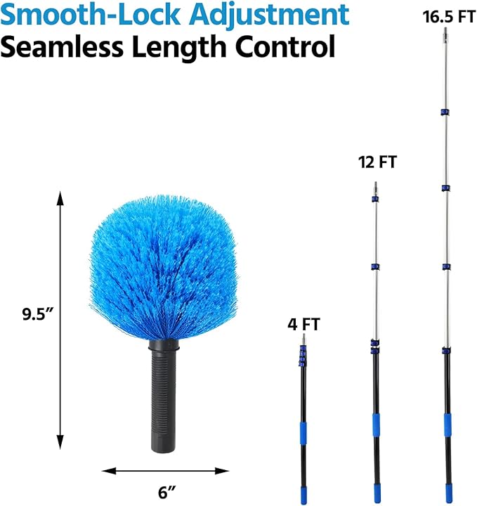 23FT High Reach Cobweb Duster with Extension Pole Spider Web Brush with Lightweight 4-16.5 ft Telescoping Pole Soft Bristles Webster Cobweb Duster for Outdoor Indoor Cleaning