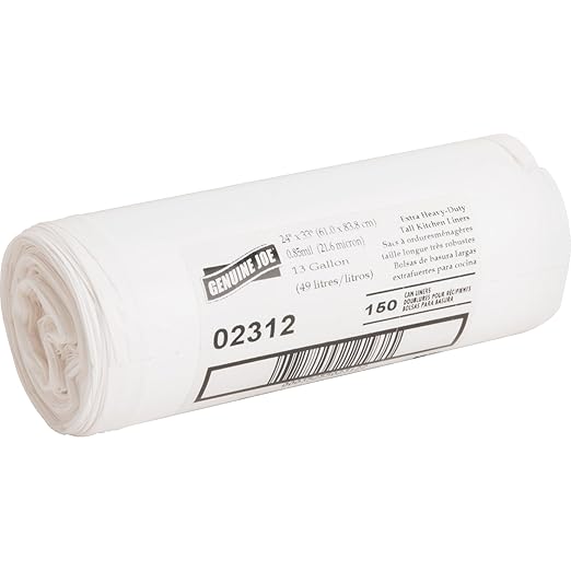 Genuine Joe GJO02312 Heavy Duty Low-Density Kitchen Trash Bag 13 Gallon Capacity 31 Width x 24 Height x 0.85 mil Thickness White (Box of 150)