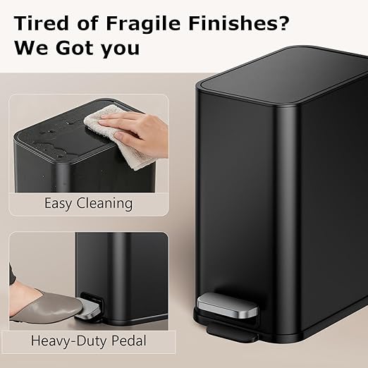 Small Bathroom Trash Can with Lid Soft Close 1.3 Gallon Garbage Can Step Pedal Stainless Steel Wastebasket Slim Trash Bin for Office Bedroom Toilet Live Room (Black)