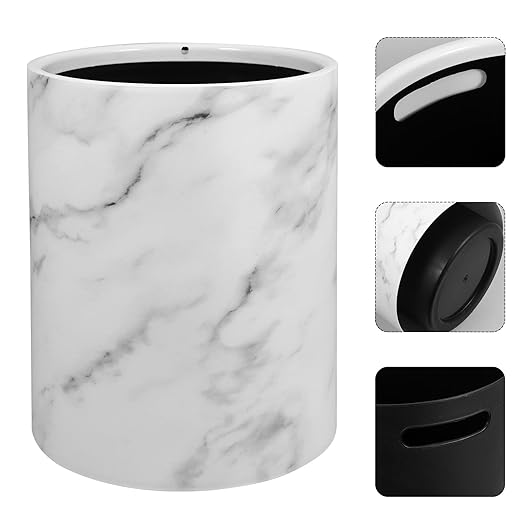 Housoutil Marble Pattern Trash Bin 12L Medium Size Lidless Wastebasket White Plastic Garbage Container for Home Office Bedroom Bathroom Use
