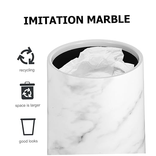 Marble Trash Can Round Garbage Bin 8L Double Layer Waste Basket Container for Kitchen Bathroom Home Office Hotel White