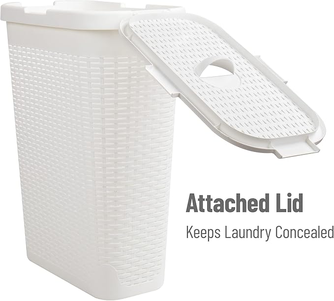 Mind Reader Slim Laundry Hamper with Lid 40L Clothes Basket Narrow Tapered Design with Ventilated Cutout Pattern Plastic White