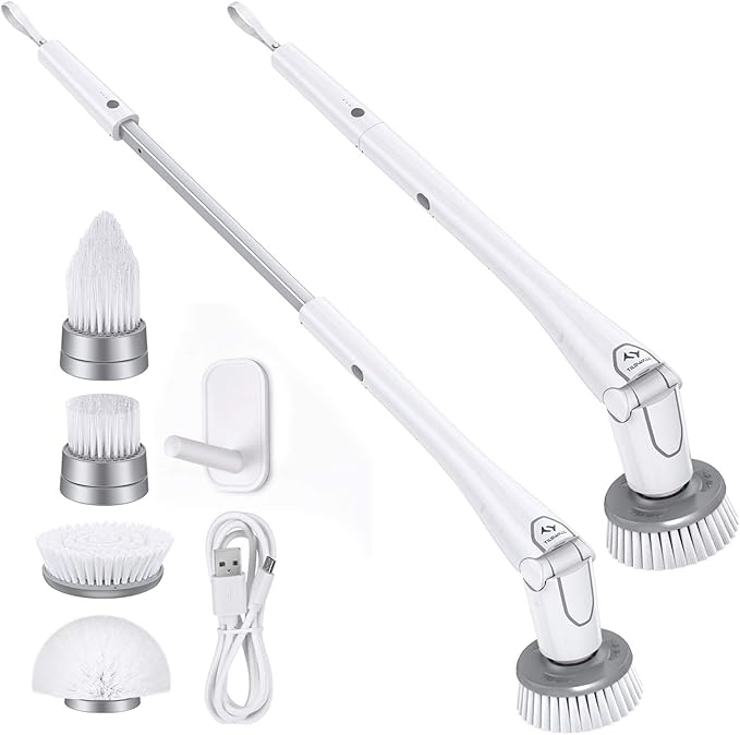 Tilswall Cordless Electric Spin Scrubber - IPX7 Waterproof Cleaning Brush with 180Min Runtime &amp 43 Extendable Handle Ideal Gift for Home/Bathroom/Car (Includes 4 Brush Heads)