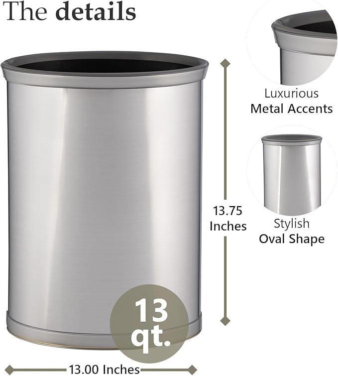 Kraftware Waste Basket in Brushed Chrome with Grey Bumper MADE IN U.S.A.