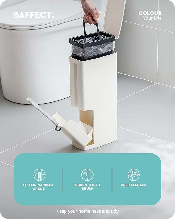 Baffect 2 Liter White Slim Bathroom Trash Can with Lid and Toilet Brush Holder