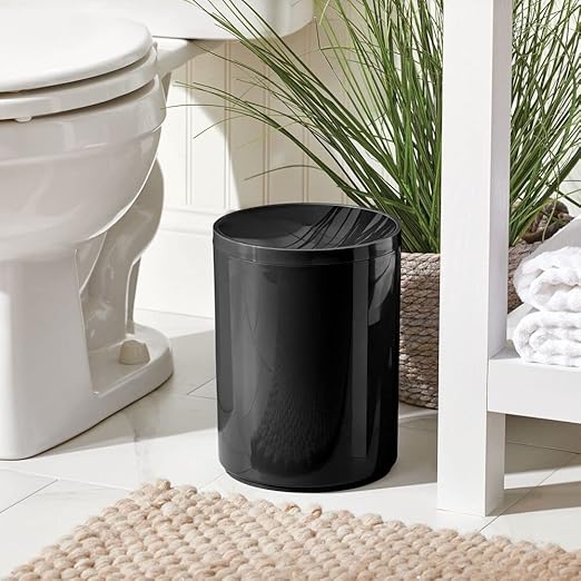 mDesign Plastic Small Slim Round 1.7 Gallon/6.5 Liter Trash Can with Removable Swing Lid - Wastebasket Garbage Container Basket Bin for Master/Guest Bathroom - Holds Rubbish/Recycle - Black