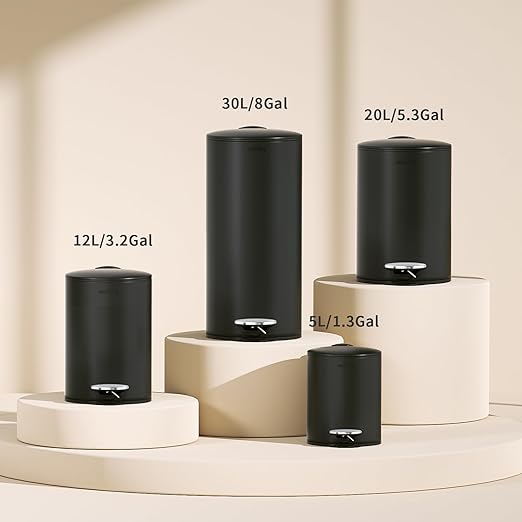 mVm Bathroom Trash Can3.2 Gallon/12 Lliter Step Round Trash Can with Lid and Foot PedalSoft-Close.Stainless Steel Garbage Can for BathroomBedroomOfficeLiving Room (Matte Black)