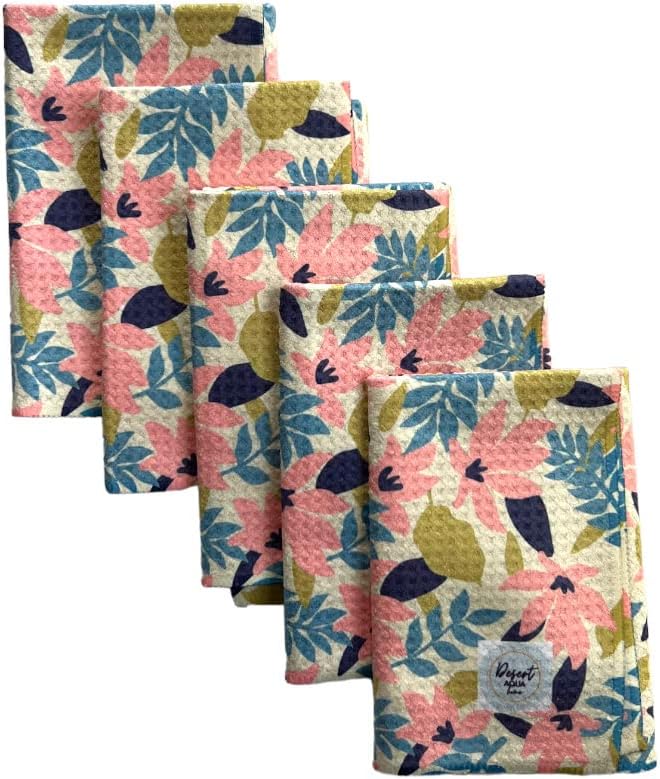 Waffle Weave Dish Cloths || 5 Pack || Highly Absorbent || Double Sided || Soft Premium Microfiber Cleaning Cloth || 12x12 inches (Floral)