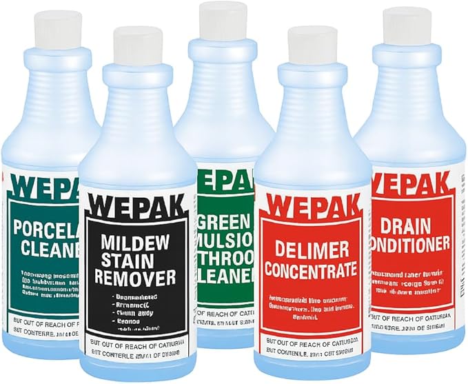 WEPAK Professional Bathroom Cleaning Bundle 5-Piece Set with Porcelain Cleaner Mildew Remover Green Emulsion Cleaner Delimer Drain Conditioner