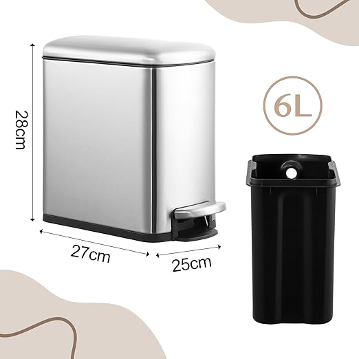 LinTimes 1.6 Gallon Slim Bathroom Trash Can 6 Liter Stainless Steel Small Garbage Can with Lid and Removable Inner Bucket for Bedroom Toilet Office