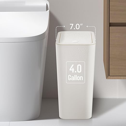 TIPGO Bathroom Trash Can with Lid 4 Gallon / 15 Liter Small Garbage Can Press Top Bin Plastic Wastebasket with Pop-Up Lid for Bedroom Living Room Office (White)