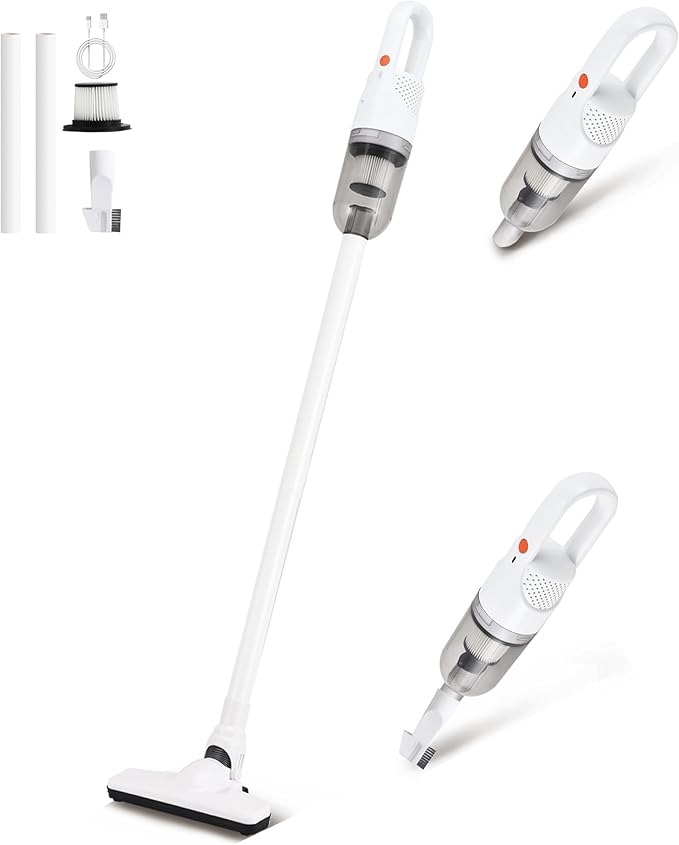 6-in-1 Lightweight Stick Vacuum Cleaner with 100W Powerful Motor Mini Portable Household Handheld Vacuum Cleaner for Domestic Hard Floors Carpets and Pet Hair (Silver Cordless Without Plug)