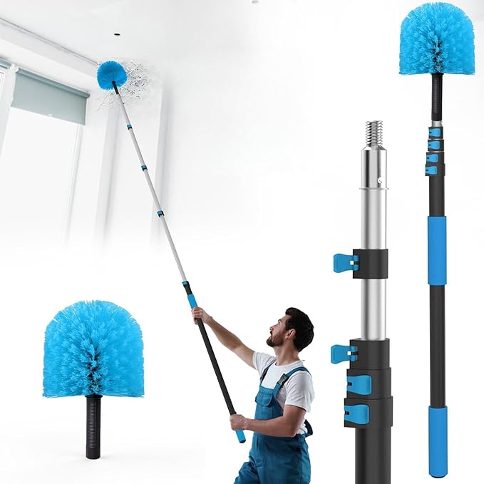 26FT Reach Cobweb Duster with Extension Pole - Spider Web Brush for Cleaning with 5-20FT 4-Section Flip-Lock Telescopic Pole Effortlessly Cleans High Indoor &amp Outdoor Webs