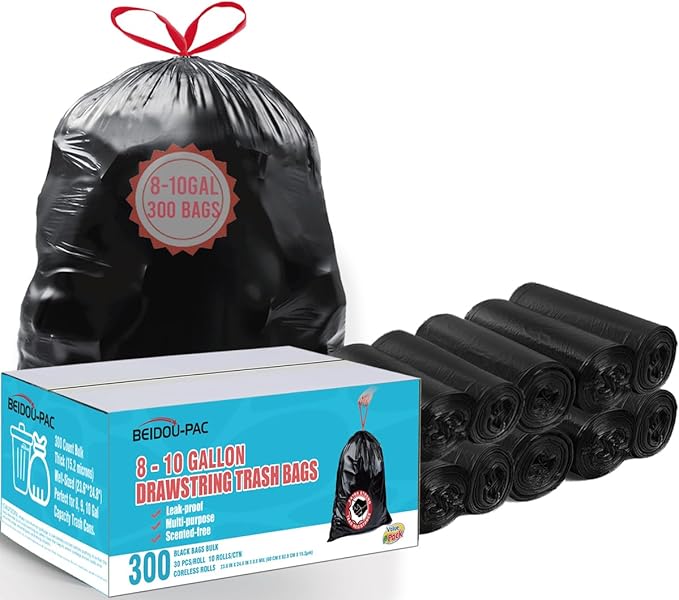 8-10 Gallon Trash Bags Drawstring 300 Count Bulk Black &amp Unscented Multi-purpose Garbage Bags for Business Home Bathroom Kitchen Commercial and Industrial