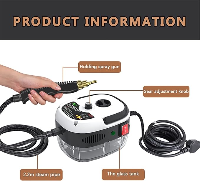 Hand-held Portable Steam Cleaning Machine Automatic Pumping for Kitchen Bathroom Furniture Car Detailing SeatWhite