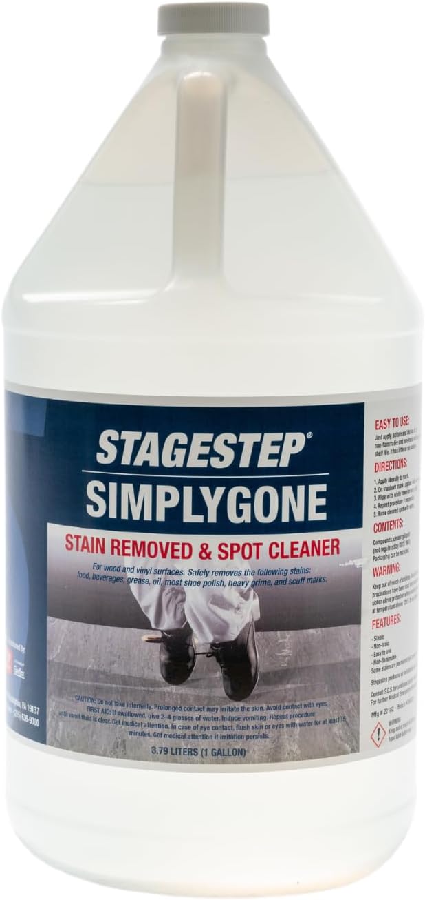 Simply Gone Stain Remover for Wood and Vinyl Surfaces Easy to Apply Removes Stubborn marks of beverages grease oil most shoe polish 1 Gallon