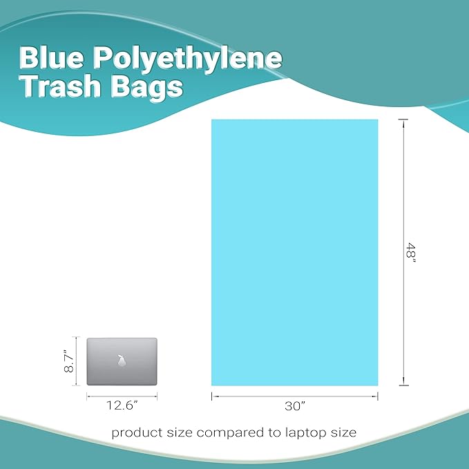 APQ Blue Heavy Duty Trash Bags 30 x 48 Inches. Pack of 250 Polyethylene Office Trash Can Liners 21 Micron Thick. Durable Recyclable 100 Gallon Plastic Garbage Bags for Offices Schools and Kitchen