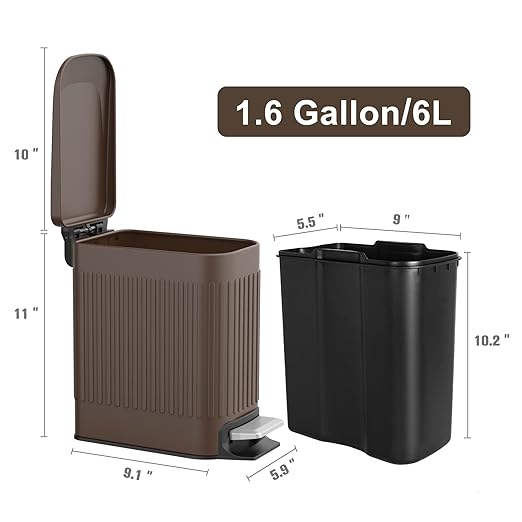 TrashAid Slim Bathroom Trash Can with Lid Soft Close 6 Liter/1.6 Gallon Stainless Steel Small Garbage Can with Removable Inner Bucket Step Pedal Slim Wastebasket for Toilet Office Bedroom Brown