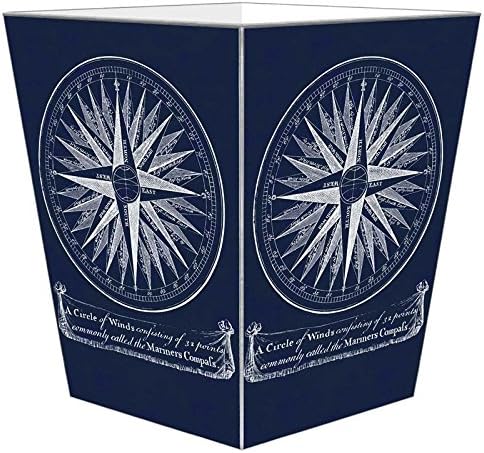 Marye-Kelley- Mariner's Compass Blueprint Waste Paper Wastebasket Decoupage Wood Decorative Wastebasket for Kitchen Bathroom Bedroom Living Room Handmade Made in The USA