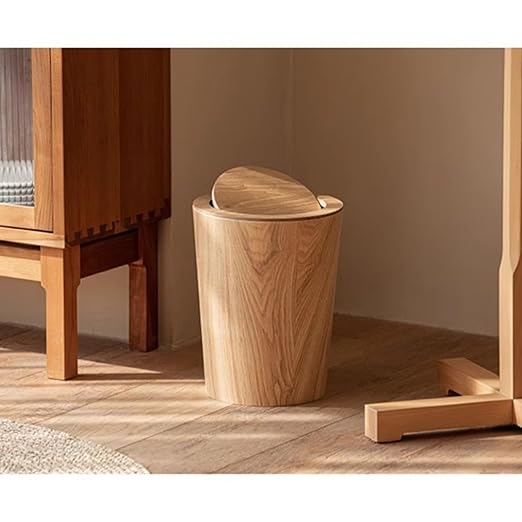 Kitchen Trash Can Simple Wooden Trash Can 8L Wood Grain Round Creative Household With Lid Flip Lid Decorative Garbage Bin Wastebasket Waste Basket(Bent willow color)
