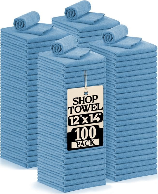 Utopia Towels Cotton Shop Towels 12x14 Inch 100 Pack Soft Absorbent Reusable Cotton Rags Durable and Multipurpose Cleaning Shop Towel for Auto Garage Bar &amp Home Cleaning (Blue)