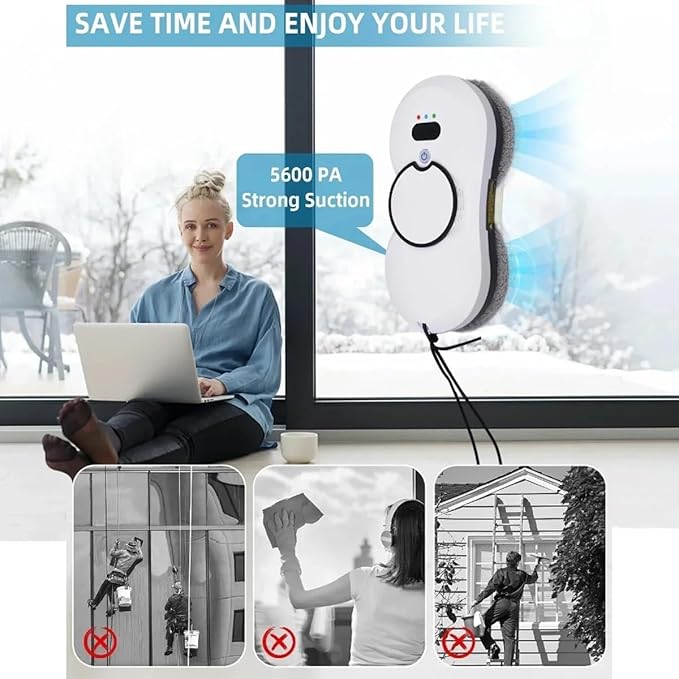 Smart Glass Cleaning Robot 5600Pa Strong Suction Window Cleaning Robot Power Outage Protection Edge Detection Suitable for Outdoor and Indoor high-Rise Windows White