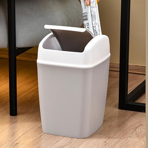 KESYOO Swing Top Trash Can with Lid Plastic Bathroom Garbage Can Gray-White Square Multi-Use Wastebasket for Kitchen Living Room Office and Bedroom Use