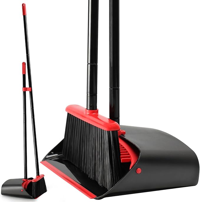 TreeLen Dust Pan and Broom/Dustpan Cleans Broom Combo with 52 Long Handle for Home Kitchen Room Office Lobby Floor Use Upright Stand Up Broom and Dustpan Set - Black/Red