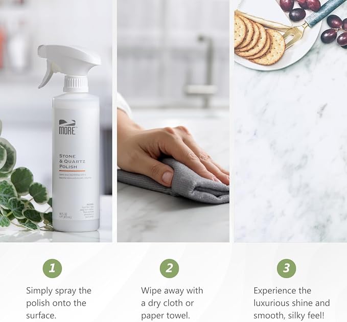 MORE - Stone &amp Quartz Polish - For Granite Marble &amp Natural Stone Countertops - Spray &amp Wipe Streak-Free - Water-Based Formula - Marble &amp Granite Polish - For Indoor &amp Outdoor St