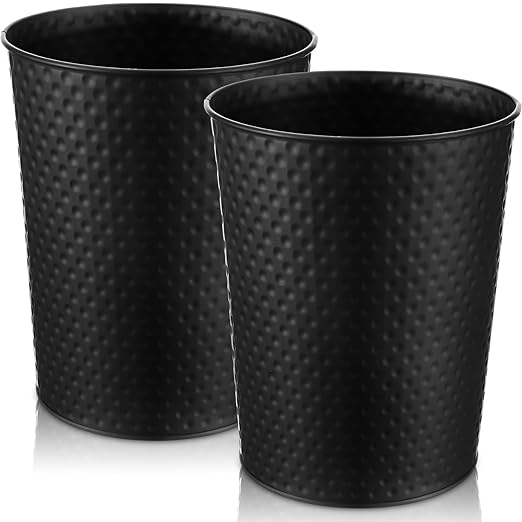 Suclain 2 Pcs Black Copper Trash Can-Handcrafted Hammered Metal Wastebasket Modern Decorative Garbage Can 6 Liters Round Trash Bin for Bathroom Bedroom Kitchen Office