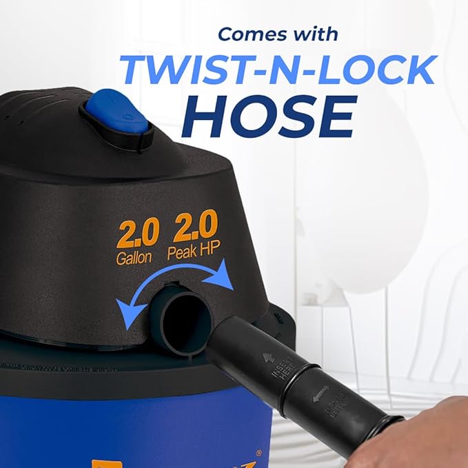 Koblenz WD-2L Portable Wet Dry Vacuum 2-Gallon 2 PHP Suction Plus Blower Vacuum Cleaner for Liquids Dust Pet Hairs 10' Reach Ideal for Home Car Garage Shop Accessories Included Blue/Black