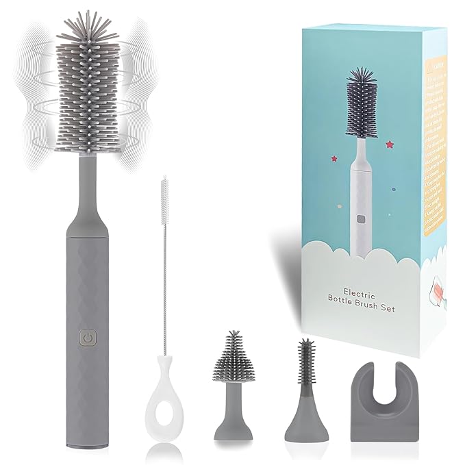 Electric Bottle Brush 4 Piece Bottle Brush Set with Baby Bottle Brush Cleaner Nipple Brush Pacifier Cleaner Straw Cleaner Brush Gifts for Newborns and Mothers Grey