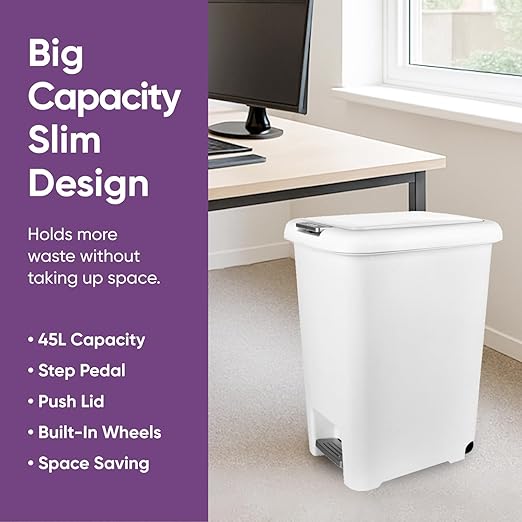 Superio 10L and 45L Slim Step &amp Push Trash Cans - 2 Pack Dual Opening Space-Saving Design Durable Plastic - White