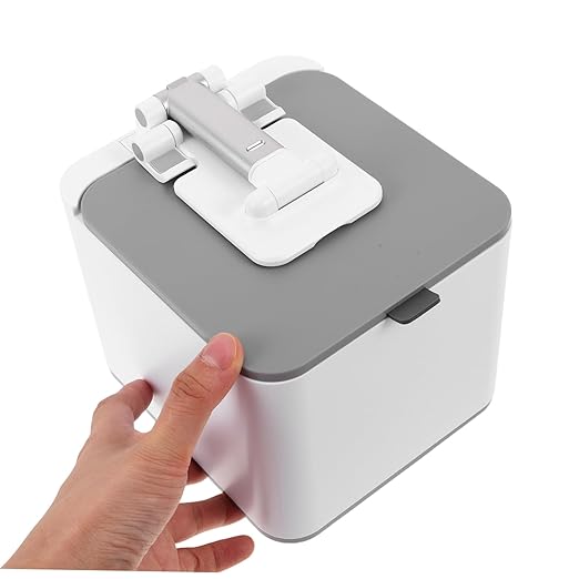 TEHAUX Mini Trash Bin with Phone Holder for Desk Portable Wastebasket for Home Office Travel and Car Compact Dual Purpose Design