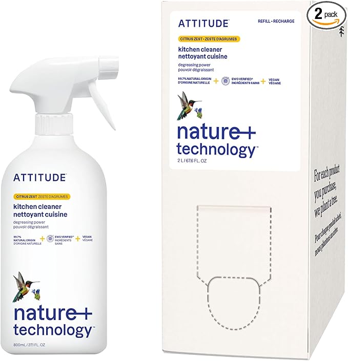 Bundle of ATTITUDE Kitchen All Purpose Cleaner Multi-Surface Cleaner Plant &amp Mineral-based Formula Citrus Zest 27.1 fl oz + Bulk Refill 67.7 Fl Oz