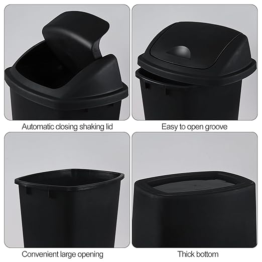 10 Gallon Plastic Garbage Bin with Lid Swing Top Waste Container Kitchen Trash Can with Swing Lid Black 4 Packs