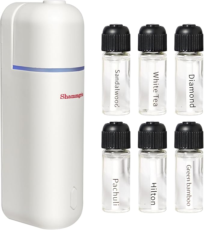 Car Air Freshener Diffuser Motion Sensor Waterless Essential Oil Diffuser for Car USB Rechargeable Air Freshener with 6 Refill Scent（Hilton/Sandwood/WhiteTea/Diamond/GreenBamboo/Pachuli