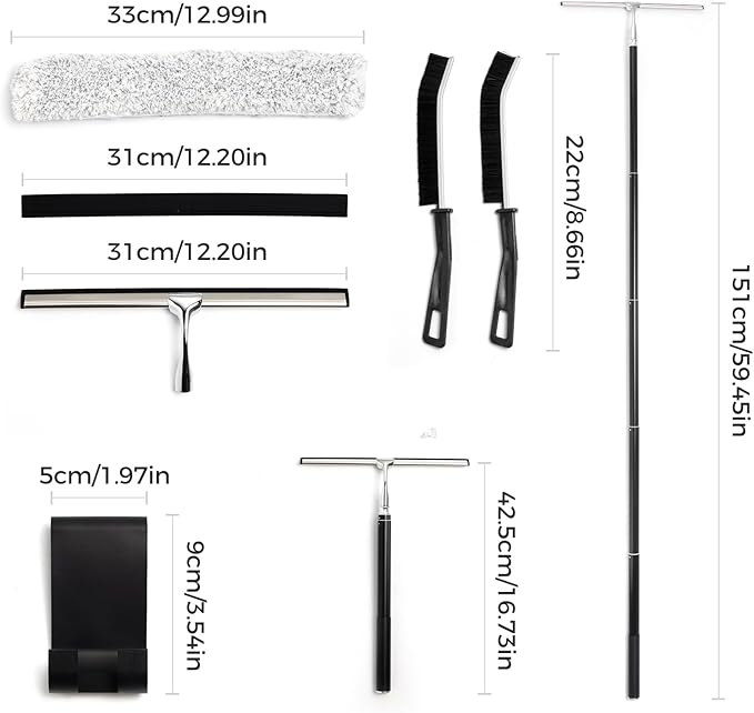16.7“- 59.5 Long Handle Window Squeegee with Extension Pole 12.4 Wide Metal Shower Squeegee for Glass Doors 2-in-1 Squeegee for Home Window Cleaning Tile Wall Car (Silver)
