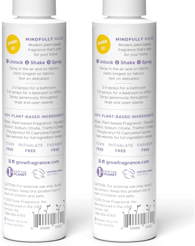 Grow Fragrance Scented Fabric and Room Air Freshener Spray - Certified Non-Toxic 100% Plant-Based Essential Oils - 5 oz (Lavender Blossom 2-Pack)