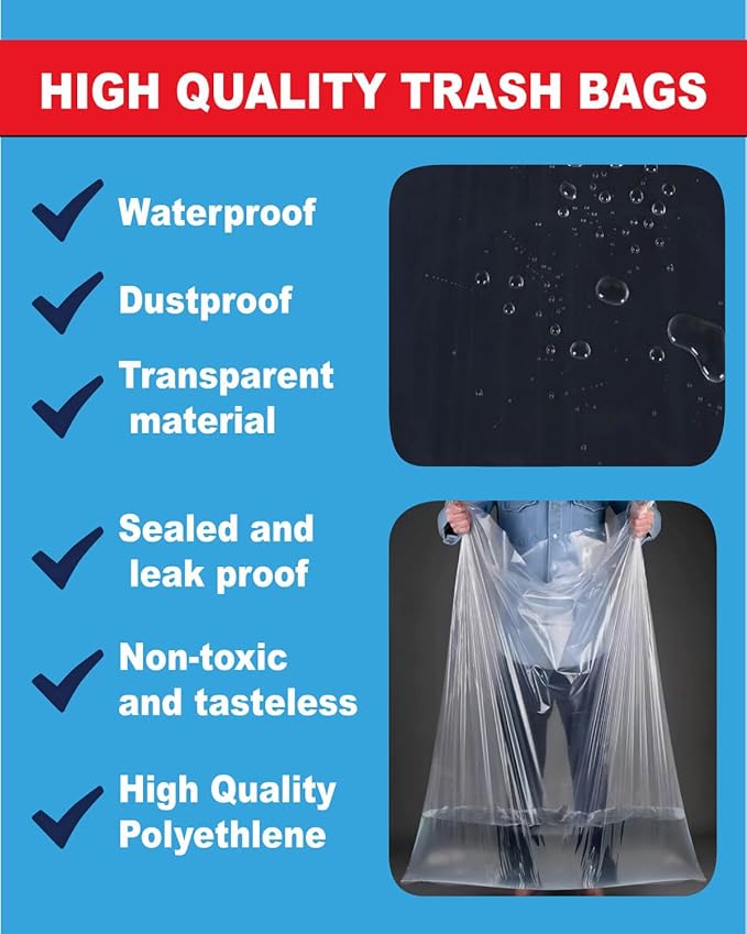 6 Mil Heavy Duty Contractor Trash Bags - 20 Pack Large Clear Construction Garbage Bags for 50/55/60 Gallon (Extra Thick Tear Resistant) (32 X 52)