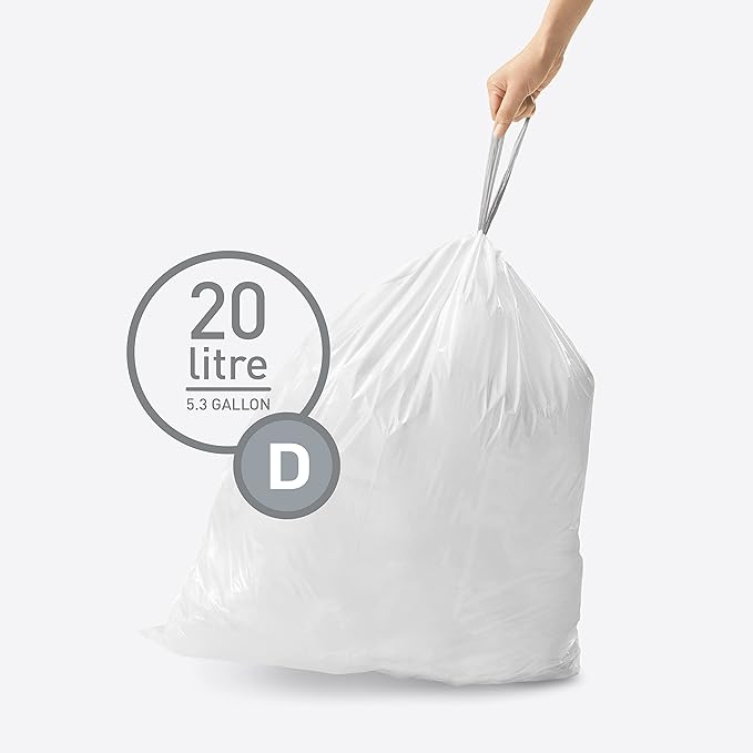 simplehuman Code D 200 Count Dispenser Pack Custom Fit Liners Drawstring Trash Bags 20 Liter / 5.3 Gallon White
