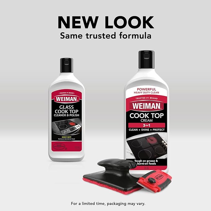 Weiman Glass &amp Ceramic Cooktop Stove Top &amp Oven Cleaner Kit – Kitchen Cleaner Cream 3 Scrubbing Pads &amp Scraper for Burnt-On Food &amp Grease Clean Shine - Safe for Induction Electric