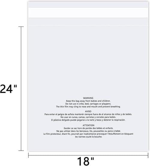 18 x 24 (100 Count) - Clear Poly Bags with Suffocation Warning Self Seal for Packaging Shirts Clothing &amp FBA - Permanent Adhesive