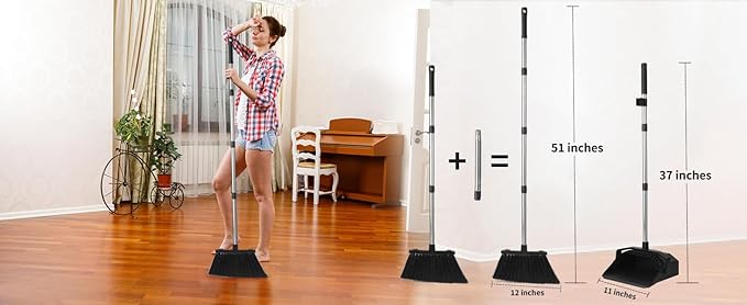 3-Pack Broom with Dustpan Combo Set Commercial Broom and Dustpan Set Dust Pan with Long Handle 51'' Large Brooms with Self-Cleaning Dust Pan Teeth for Restaurant Lobby Garage - Black