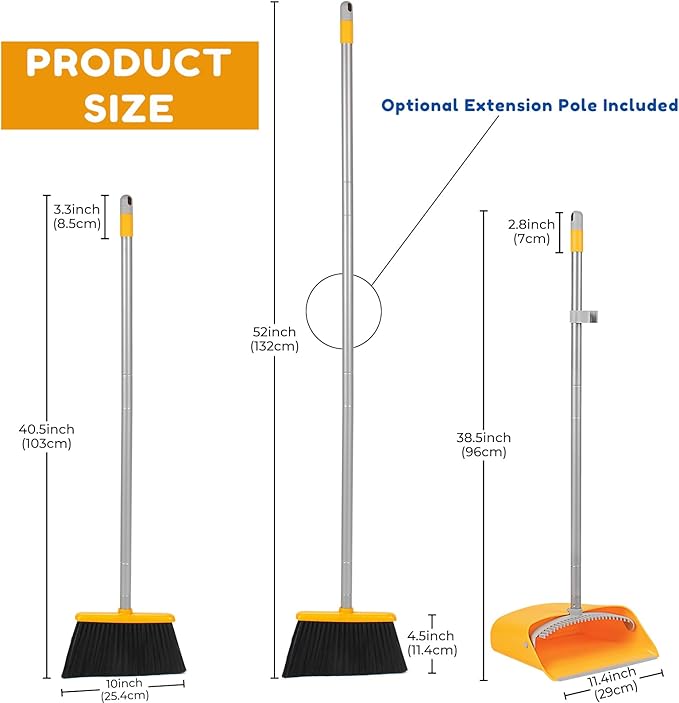 Broom and Dustpan Set with Long Handle 52 Standing Broom and Dust Pan Set for Home Kitchen Room Office Lobby Yellow