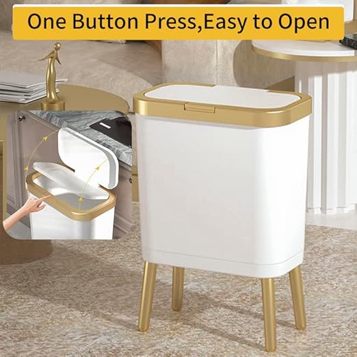Procade Bathroom Trash Can with Lid Plastic Garbage Can with Legs 4 Gallon Gold Trash Bin with Push Button Narrow White Trash Can Waste Basket for Bedroom Living RoomOfficeDog Proof Trash Bin